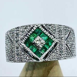 Art Deco revival genuine emerald & white sapphire pavé sterling ring band, sz 5
